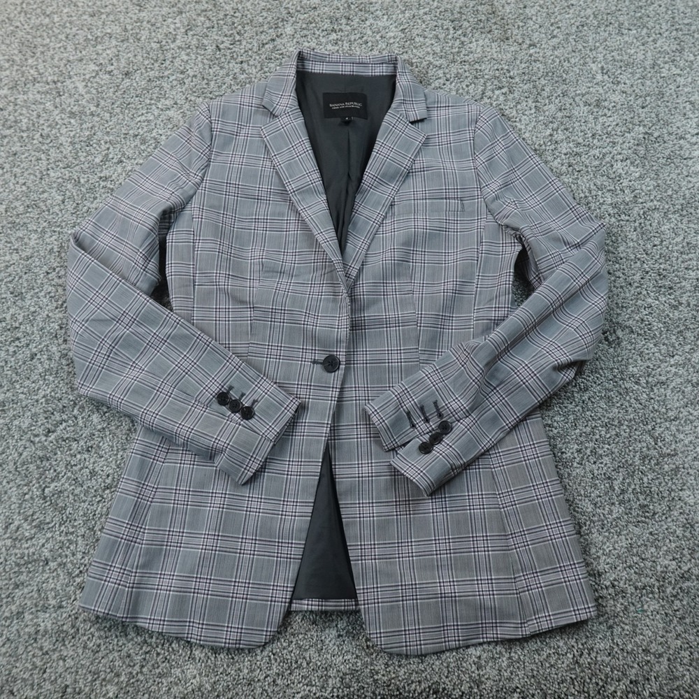 Banana Republic Blazer Womens 4 Gray Plaid Wool Blend Sport Coat Surgeon Cuff